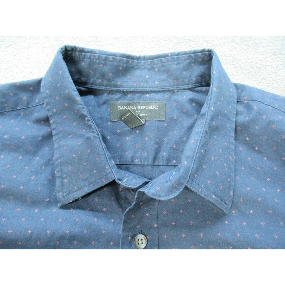 Banana Republic Shirt Mens XL 17-17.5 Slim Fit Non-Iron Geometric Blue Long Slv.